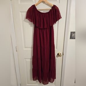 Burgundy Swiss Dot Maxi Off The Shoulder Dress Size Small Nwt